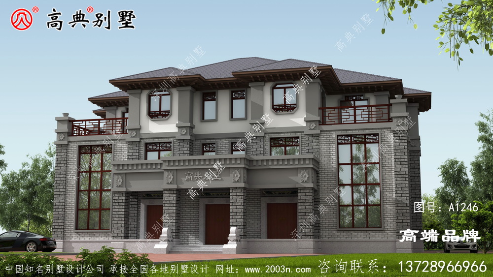 雙拼復(fù)式別墅外觀圖片格調(diào)典雅質(zhì)樸。